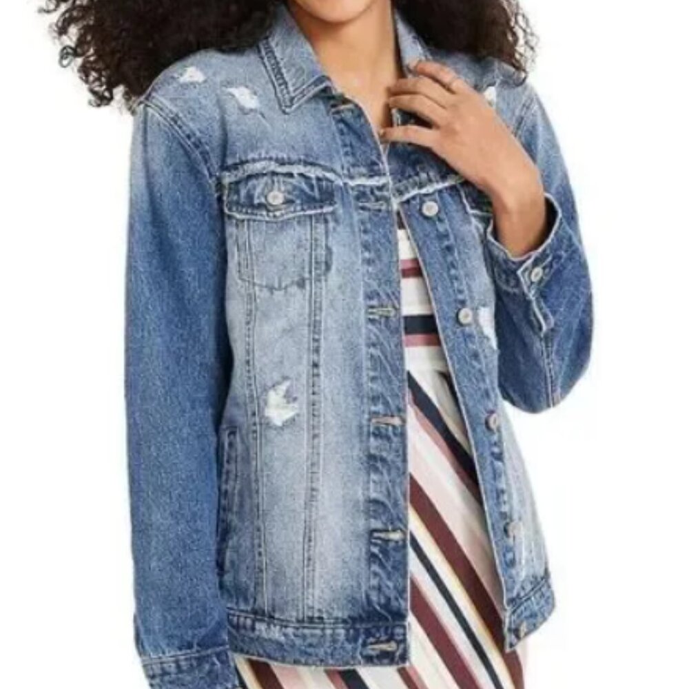 KanCan Medium Destructed Oversized Denim Jacket Sz S BUCKLE